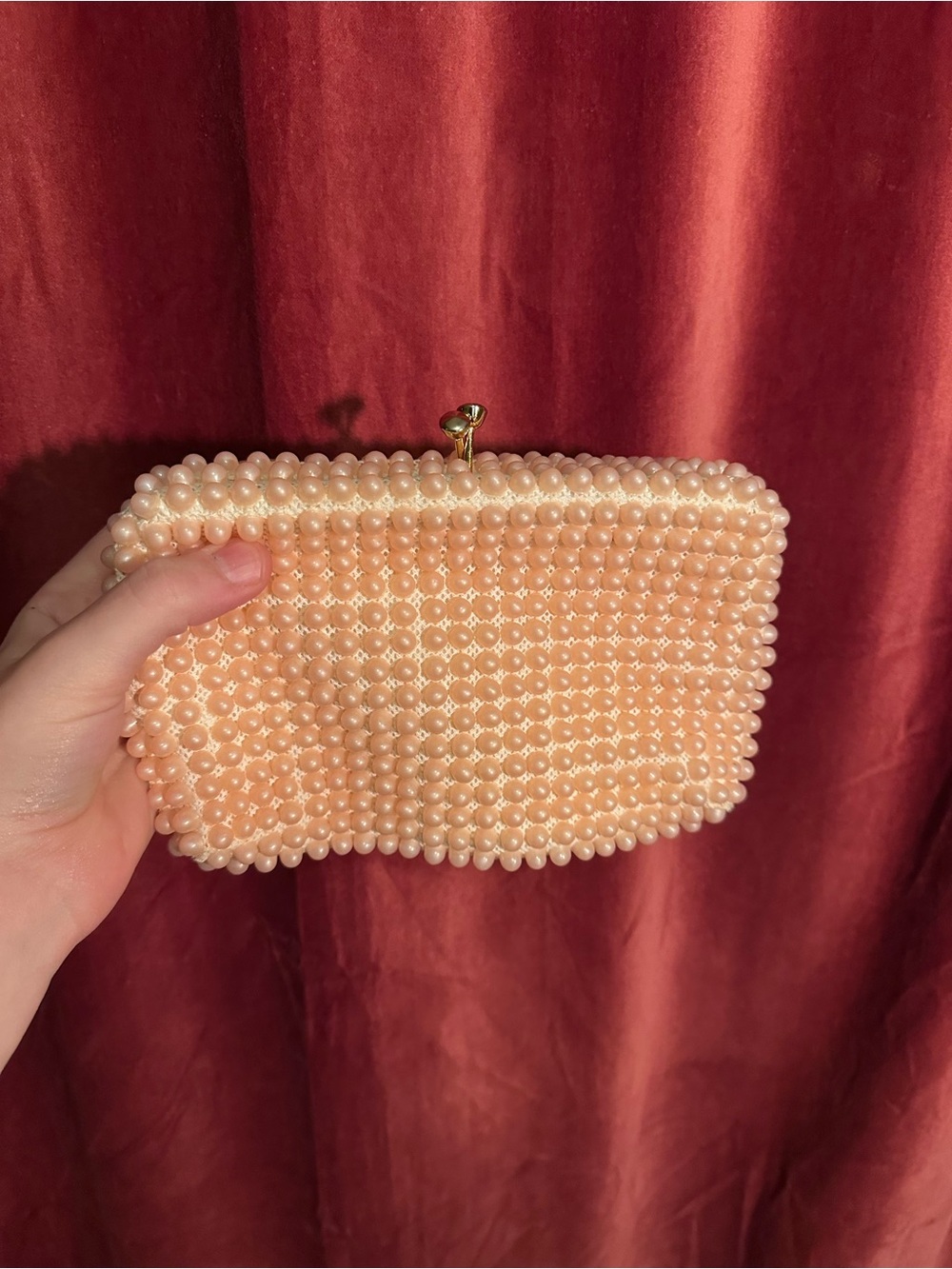 Vintage Faux Pearl Beaded Peach Clutch